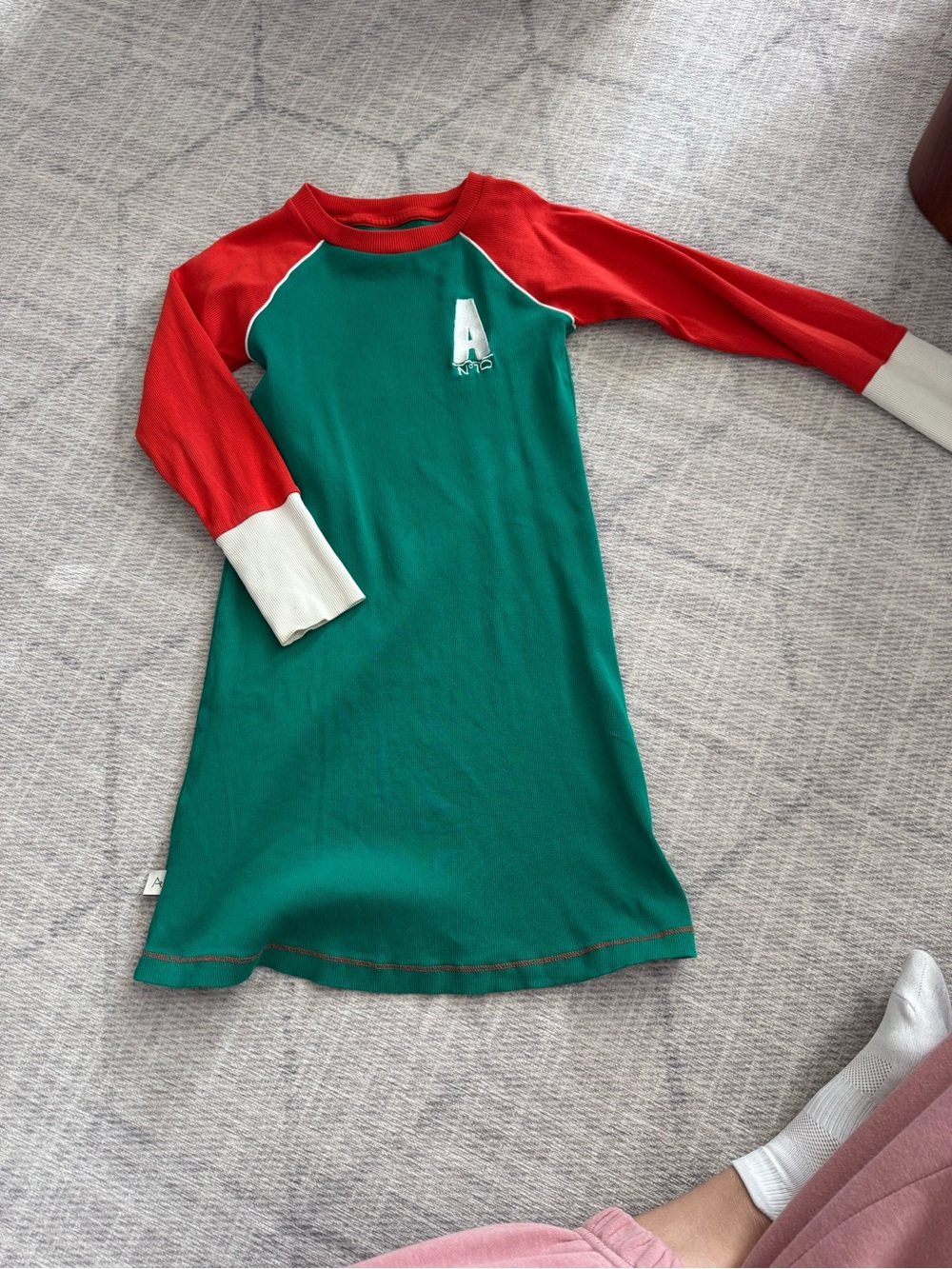 Green & Red Raglan A-Emblem Dress College Look sz 7/8Y organic cotton